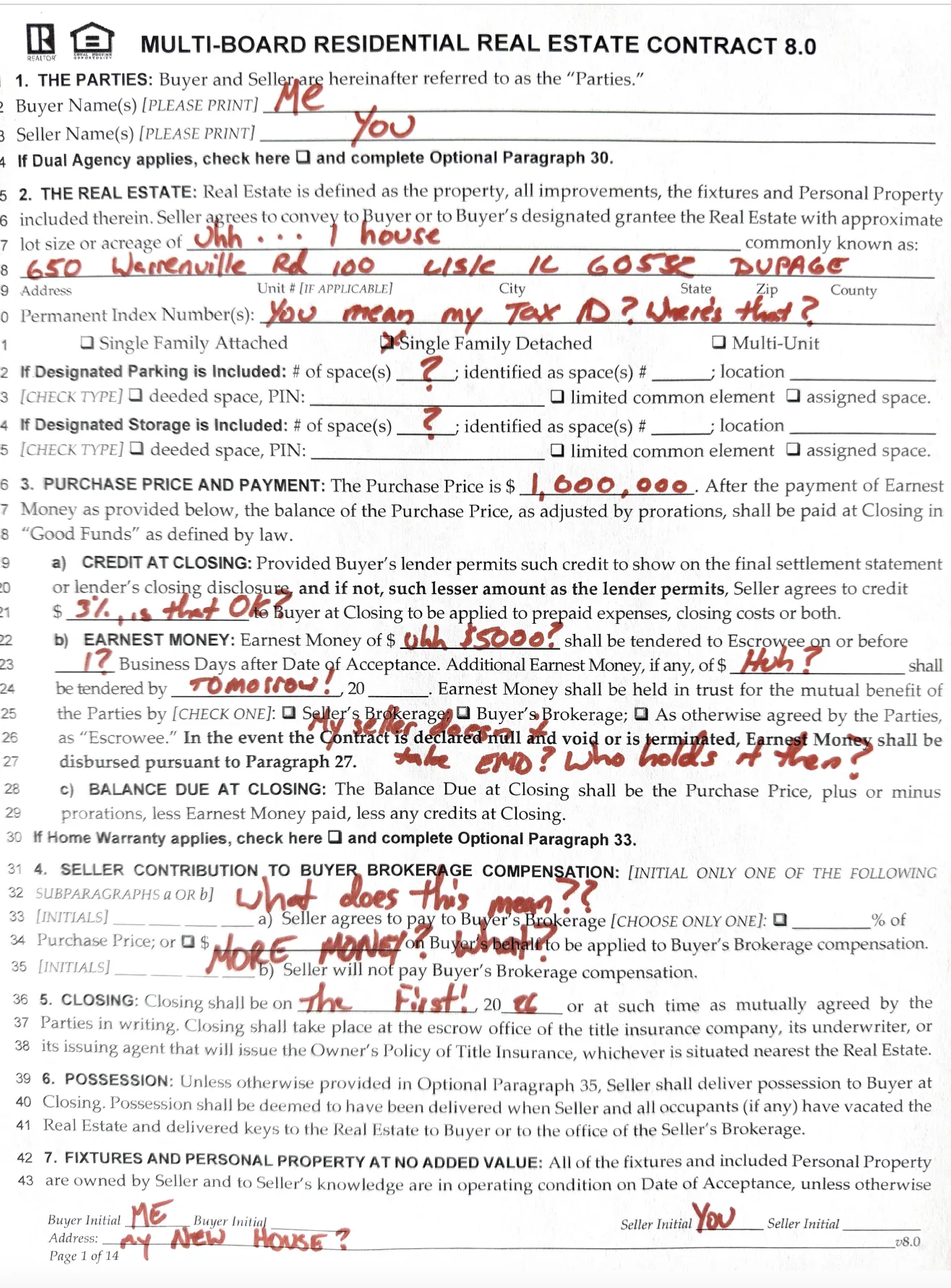 Page 1 of the Multi-Board 8.0 Residential Real Estate Contract with handwritten annotations showing common questions buyers ask: What is a Tax ID? How much earnest money? Who holds the EMD? What does buyer brokerage compensation mean?